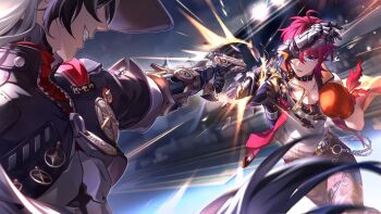 2boys absurdres aiming armband bad_link belt black_choker black_hair black_jacket black_shirt blue_eyes boothill_(honkai:_star_rail) boxing_gloves choker cowboy_hat cropped_jacket cyborg firing gloves gun hair_between_eyes handgun hat highres holding holding_gun holding_weapon honkai:_star_rail honkai_(series) jacket jewelry long_hair luka_(honkai:_star_rail) mechanical_arms medium_hair multicolored_hair multiple_boys necklace official_art red_armband red_belt red_hair revolver sharp_teeth sheriff_badge shirt single_glove teeth torn_armband torn_clothes torn_shirt two-tone_hair very_long_hair weapon white_hair white_shirt zipper zipper_pull_tab