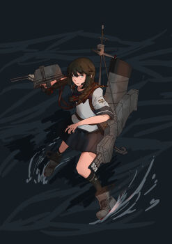 1girl absurdres adapted_turret anchor_symbol bad_id bad_pixiv_id black_hair black_legwear blue_sailor_collar blue_skirt braid grey_footwear hair_between_eyes hair_over_shoulder highres isonami_(kancolle) kantai_collection kuragare machinery pleated_skirt rigging sailor_collar school_uniform serafuku short_sleeves sidelocks skirt standing standing_on_liquid torpedo_launcher twin_braids