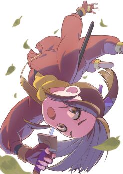 1girl brown_eyes brown_hair commentary_request fingerless_gloves foot_out_of_frame fujibayashi_suzu gloves highres long_hair looking_at_viewer ninja open_mouth ponytail solo sword tales_of_(series) tales_of_phantasia toraneko weapon