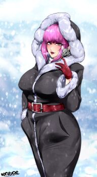 1girl animal artist_name belt black_coat breasts chinchilla_(animal) coat female_focus fur-trimmed_coat fur_trim gloves highres large_breasts looking_at_viewer medium_hair mouse nofuture oboro_(taimanin_asagi) parka parted_lips pink_eyes purple_hair red_gloves smile snowing solo standing taimanin_(series) taimanin_asagi
