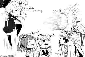 10s 4girls absurdres bismarck_(kancolle) braid chibi dress drooling english_text food food_on_face german_text greyscale half_up_braid happy_birthday hat high_side_ponytail highres in_the_face iowa_(kancolle) kantai_collection lineart long_hair monochrome motion_blur multiple_girls off-shoulder_dress off_shoulder pie pie_in_face saratoga_(kancolle) shawl thighhighs throwing throwing_food throwing_pie tsukuba_0623 twitter_username warspite_(kancolle) x_mouth