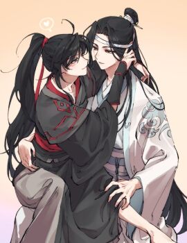 Rule 34 | 2boys, ahoge, barefoot, black hair, black hanfu, blue sash, blush, chinese clothes, closed mouth, couple, gradient background, hair ribbon, hand in another's hair, hand on another's hip, hand on another's leg, hanfu, hashtag-only commentary, headband, heart, high ponytail, highres, hug, lan wangji, long hair, long sleeves, looking at another, male focus, modao zushi, multiple boys, ponytail, purple eyes, rang jge, red ribbon, red sash, ribbon, robe, sash, sidelocks, simple background, sitting, sitting on lap, sitting on person, smile, spoken heart, topknot, vambraces, very long hair, wei wuxian, white hanfu, white headband, wide sleeves, xiao guan (headdress), yaoi, yaopei, yellow eyes