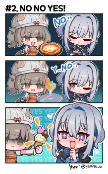 +_+ 2girls absurdres apron blue_hair blush brown_hair brown_tail closed_eyes commentary cup drakeposting_(meme) drinking_glass english_commentary english_text food galbrena_(wuthering_waves) grey_hair grey_hat hair_ornament hands_up hat hat_with_ears highres holding holding_food holding_ice_cream_cone holding_pizza ice_cream_cone looking_at_another margherita_(wuthering_waves) medium_hair meme multiple_girls one_eye_closed open_mouth out_of_character pizza purple_eyes smile tail wuthering_waves yami_(yami56_u) yellow_eyes