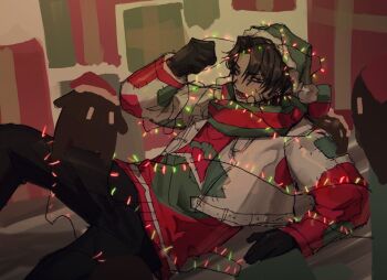 1boy black_gloves chanil_(muexlku) christmas_lights e.g.o_(project_moon) gloves gnome_(project_moon) green_scarf hand_up heathcliff_(project_moon) highres holiday_(e.g.o) limbus_company long_sleeves lying male_focus on_back open_mouth patchwork_clothes project_moon scarf solo sweat sweater white_sweater