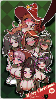 2025 6+girls :o :q ahoge animal_ears artist_self-insert bad_tag bikini black_hair blue_eyes border breasts character_request chromatic_aberration cleavage commentary copyright_request curious demon_horns english_commentary evilmeow fatal_fury green_hair grin hat heart heart-shaped_pupils highres holding holding_mask hood hood_up horns huge_breasts large_breasts looking_at_viewer mask merry_christmas multiple_girls orange_hair pink_hair playboy_bunny rabbit_ears rabbit_hole_(vocaloid) red_eyes selfie selfie_stick shiranui_mai shy skeptical smile spoken_heart swimsuit symbol-shaped_pupils tongue tongue_out white_border witch_hat