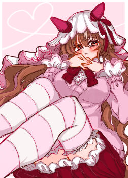 1girl absurdres animal_ears blush bow bowtie breasts cardigan commentary ear_ribbon ears_through_headwear frilled_skirt frilled_sleeves frilled_thighhighs frills gloves hair_between_eyes hands_on_own_chest hands_up highres horse_ears horse_girl large_breasts long_hair long_sleeves multicolored_hair parted_lips pink_background pink_cardigan pink_thighhighs red_bow red_bowtie red_eyes red_ribbon red_skirt ribbon rinren_(chun8chun8chun) shirt skirt solo still_in_love_(umamusume) striped_clothes striped_thighhighs symbol-only_commentary thighhighs umamusume veil very_long_hair white_gloves white_shirt white_thighhighs white_veil