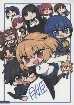 1boy 6+girls :d ahoge apron arcueid_brunestud black_eyes black_hair black_ribbon black_skirt blonde_hair blue_eyes blue_hair blue_jacket blue_pants blue_skirt blush blush_stickers boots bow breasts brown_boots brown_hair brown_kimono chan_co chibi chibi_only ciel_(tsukihime) cleavage crossed_arms dr._arach fang formal_clothes glasses green_bow grey_eyes grey_hoodie grey_skirt hair_intakes hisui_(tsukihime) hood hoodie huge_breasts jacket japanese_clothes jewelry kimono kohaku_(tsukihime) lab_coat laughing long_skirt looking_at_viewer maid maid_apron maid_headdress miniskirt multiple_girls necklace noel_(tsukihime) official_art one_eye_closed open_clothes open_jacket open_mouth pants pantyhose pink_hair purple_hair red_bow ribbon saiki_mio school_uniform shirt short_hair sidelocks skirt smile souya_high_school_uniform sweat sweater third-party_source tohno_akiha tohno_shiki tongue tongue_out tsukihime tsukihime_(remake) turtleneck turtleneck_sweater twintails two_side_up vest white_shirt white_sweater yellow_vest yumizuka_satsuki