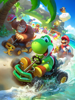 Rule 34 | artist collaboration, banana peel, beach, bowser, cassio yoshiyaki, clenched teeth, cloud, commentary, crab, day, donkey kong, donkey kong (series), drifting, driving, full body, go-kart, highres, item box (mario), lakitu, luigi, mario, mario (series), mario kart, mario kart 64, nintendo, ocean, outdoors, overalls, palm tree, princess peach, renato giacomini, sand, smile, splashing, teeth, toad (mario), tree, wario, water, yoshi