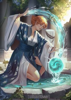 1girl artist_name blue_kimono blurry blurry_background castlevania_(netflix) castlevania_(series) closed_eyes commentary corrupted_twitter_file day english_commentary floral_print floral_print_kimono highres hydrokinesis japanese_clothes kimono littlekittenamy long_sleeves magic orange_hair outdoors print_kimono short_hair solo sypha_belnades water wet wide_sleeves