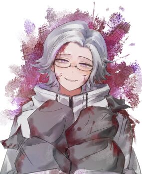 1boy absurdres aotsuki_eito bag bleeding blood blood_on_face chinese_commentary commentary_request evil_smile fu217048 glasses grey_hair head_tilt highres holding holding_bag implied_murder injury jacket looking_at_viewer male_focus purple_eyes short_hair smile solo spoilers the_hundred_line_-last_defense_academy- trash_bag upper_body white_jacket