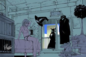 2girls balcony barefoot bed birdcage black_robe bookshelf boots bra cage calendar_(object) cigarette gashapon hat hat_rack highres indoors industrial_pipe monochrome multiple_girls neji_(ultramarinesunset) open_mouth original plant potted_plant rabbit_ears_antenna robe short_hair sitting smoking star_(symbol) star_tattoo stuffed_animal stuffed_crocodile stuffed_toy tattoo tears television underwear witch witch_hat