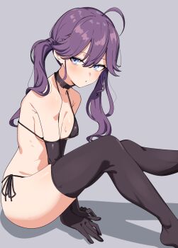 1girl ahoge bikini black_bikini black_gloves black_thighhighs blue_eyes blush breasts elbow_gloves feet_out_of_frame from_side gakuen_idolmaster gloves highres idolmaster kaya_rinha long_hair looking_at_viewer looking_to_the_side medium_breasts paid_reward_available parted_lips purple_hair seihekiog side-tie_bikini_bottom simple_background sitting solo swimsuit thighhighs thighs twintails white_background