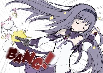 1girl 1other akemi_homura akemi_homura_(magical_girl) closed_eyes commentary detached_sleeves ekakinosakura firing gun hair_flip highres kyubey long_hair mahou_shoujo_madoka_magica mahou_shoujo_madoka_magica:_walpurgis_no_kaiten smile soul_gem twitter_username weapon