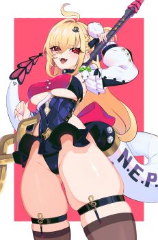 Rule 34 | 1girl, absurdres, ahoge, bare shoulders, black leotard, black skirt, blush, breasts, brown thighhighs, chalky (zenless zone zero), cissia (zenless zone zero), commentary, cowboy shot, detached sleeves, fingernails, gluteal fold, hair ornament, highres, holding, holding behind back, holding weapon, holding weapon behind back, large breasts, leotard, looking at viewer, miniskirt, open mouth, pink nails, pom pom (clothes), pom pom hair ornament, pondaigrl, red background, red eyes, skindentation, skirt, snake girl, snake tail, solo, tail, thighhighs, underboob, upskirt, weapon, zenless zone zero