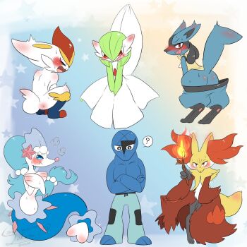 1boy 5girls :t :| ? animal_ear_fluff animal_ears animal_feet animal_hands animal_nose arm_up ass back bald black_eyes black_fur blue_background blue_eyes blue_fur blue_hair blue_pants blue_skin blush bob_cut body_fur border bright_pupils buck_teeth cinderace closed_eyes closed_mouth clothes_lift clothes_pull clueless collarbone colored_eyelashes colored_skin covering_breasts covering_privates crossed_arms delphox dress dress_lift dress_tug ear_blush embarrassed fang fire flat_chest flat_color fox_ears fox_girl fox_tail from_behind furry furry_female gardevoir gen_3_pokemon gen_4_pokemon gen_5_pokemon gen_6_pokemon gen_7_pokemon gen_8_pokemon geturouka9b gradient_background green_hair green_skin hair_between_eyes hair_ornament hands_up highres holding holding_stick leaning_forward long_hair looking_at_viewer looking_back looking_down lucario mermaid monster_girl multicolored_fur multicolored_skin multiple_girls nintendo nude open_mouth outside_border outstretched_arm pants pants_pull pawpads pearl_hair_ornament pectorals pokemon pokemon_(creature) primarina profile puff_of_air puffy_cheeks pyrokinesis rabbit_ears rabbit_girl rabbit_tail raised_eyebrows red_eyes red_hair sawk short_hair short_tail sideways_mouth snout speech_bubble spoken_question_mark squatting standing star_(symbol) starfish_hair_ornament stick sweat tail tail_raised teeth topless_male two-tone_skin v-shaped_eyebrows v_arms very_long_hair wavy_mouth white_fur white_pupils white_skin wolf_ears wolf_girl wolf_tail yellow_fur