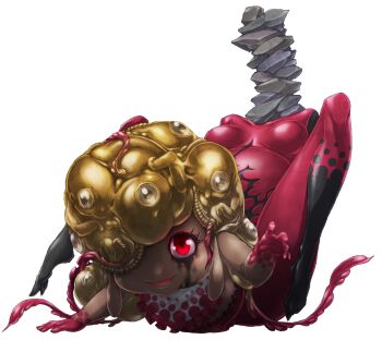 1girl baby bad_id bad_pixiv_id colored_skin commentary_request dark-skinned_female dark_skin earlobes ebisu_eika female_focus fetus full_body glowing glowing_eye long_earlobes looking_at_viewer mazeran mechanical_pencil multicolored_skin one_eye_covered pencil red_eyes red_skin smile solo stone touhou transparent_background white_background wily_beast_and_weakest_creature