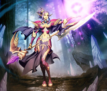 1girl armor breasts cape capelet castle_age cleavage crystal elf forest full_body genzoman high_ponytail holding holding_weapon lance long_pointy_ears nature navel outdoors outstretched_arm path pointy_ears polearm ponytail purple_hair red_eyes road staff standing tabard tree weapon