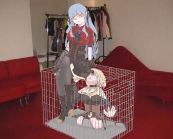 2girls ascot bang_dream! bang_dream!_it's_mygo!!!!! black_ascot black_boots black_corset black_dress black_pantyhose blue_hair boots brooch brown_corset cage chinese_commentary closed_mouth commentary_request corset crossed_legs doloris_(bang_dream!) dress drooling grey_socks hair_ribbon highres in_cage jewelry kneehighs long_hair long_sleeves misumi_uika mouth_drool multiple_girls oblivionis_(bang_dream!) open_mouth pantyhose photo-referenced photo_background red_shirt ribbon shirt short_hair short_sleeves socks togawa_sakiko y_iris30 yellow_eyes yuri