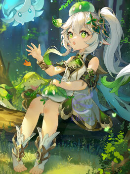 1girl :o aranara_(genshin_impact) bare_shoulders commentary cross-shaped_pupils day dendro_slime_(genshin_impact) detached_sleeves dress english_commentary forest fungi_(genshin_impact) genshin_impact gold_trim gradient_hair green_eyes green_hair green_sleeves hair_between_eyes hair_ornament hand_up highres leaf_hair_ornament libero_art long_hair multicolored_hair nahida_(genshin_impact) nature outdoors pointy_ears side_ponytail sleeveless sleeveless_dress slime_(genshin_impact) solo stirrup_legwear symbol-shaped_pupils toeless_legwear toes watermark white_dress white_hair