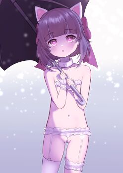 1girl :o absurdres animal_ears blush brown_hair cat_ears collar crybabyglo fallenshadow female_focus flat_chest highres indie_virtual_youtuber lingerie loli looking_at_viewer open_mouth outdoors pearl_panties revealing_clothes short_hair snow snowing solo standing stomach thighhighs thighs twitter_username umbrella underwear virtual_youtuber
