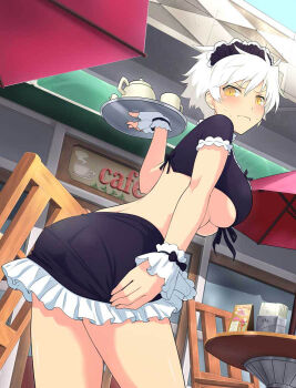 1girl apron ass black_shirt black_skirt blue_sky blush breasts cafe chair cleavage crop_top cup embarrassed frilled_skirt frilled_sleeves frilled_wrist_cuffs frills from_behind from_below holding holding_tray large_breasts looking_at_viewer maid maid_apron maid_headdress median_furrow menu messy_hair midriff miniskirt miyabi_(senran_kagura) mug official_art outdoors red_umbrella ribbon-trimmed_sleeves ribbon_trim senran_kagura senran_kagura_new_wave senran_kagura_shinovi_versus shiny_skin shirt short_hair short_sleeves skirt sky slit_pupils solo table teapot tray umbrella underboob v-shaped_eyebrows waitress white_hair white_wrist_cuffs wrist_cuffs yellow_eyes