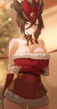 1girl absurdres alternate_costume arm_under_breasts bare_shoulders blurry blurry_background blush braid breasts brown_hair cleavage closed_mouth commentary cowboy_shot detached_sleeves dress duet_night_abyss fingernails fur-trimmed_dress fur_trim green_nails hair_between_eyes hand_on_own_arm hat highres indoors large_breasts long_fingernails looking_at_viewer lynn_(duet_night_abyss) medium_hair red_dress sharp_fingernails short_dress smile solo thighs tricorne yellow_eyes yonesdraws