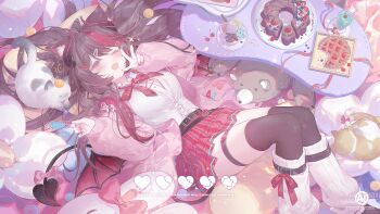 Rule 34 | 1girl, animal ears, belt, black belt, breasts, brown thighhighs, buttons, cat, cat ears, cat girl, cleavage, commentary, commission, food, half-closed eyes, hands up, highres, jacket, large breasts, leg warmers, long hair, long sleeves, looking at viewer, lying, on back, one eye closed, open clothes, open mouth, open shirt, original, pink eyes, pink jacket, puffy long sleeves, puffy sleeves, red hair, red skirt, shirt, skirt, smile, symbol-only commentary, thighhighs, thighs, umehara sei, very long hair, white cat, white leg warmers, white shirt