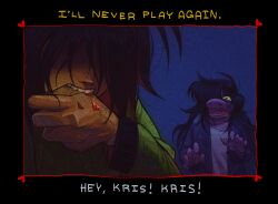 1girl 1other biting biting_own_thumb blood citrus-sours colored_skin deltarune english_text furry furry_female kris_(deltarune) long_hair nose purple_skin reptile_girl self-harm sharp_teeth shirt susie_(deltarune) teeth utdr_(toby_fox)