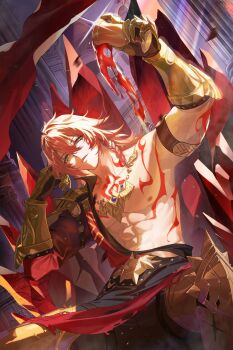 Rule 34 | 1boy, abs, absurdres, arm tattoo, armlet, black coat, black pants, blonde hair, braid, chest tattoo, clawed gauntlets, coat, commentary, crystal, cup, earrings, english commentary, facial tattoo, gold earrings, gold necklace, gradient hair, head rest, highres, holding, holding cup, honkai: star rail, honkai (series), jewelry, leg armor, libero art, looking at viewer, male focus, medium hair, multicolored hair, mydei (honkai: star rail), necklace, open clothes, open coat, pants, parted lips, pouring, red hair, red tattoo, side braid, sitting, solo, tattoo, toned, toned male, yellow eyes