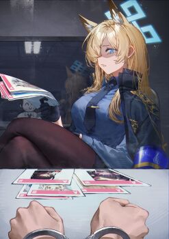 1boy 1girl absurdres animal_ear_fluff animal_ears armband betabeet black_gloves black_hair black_jacket black_necktie black_pantyhose blonde_hair blue_archive blue_armband blue_coat blue_eyes blue_halo blue_necktie blue_shirt blue_skirt brown_pantyhose clenched_hands coat crossed_legs cuffs dark_skin disgust doodle_sensei_(blue_archive) gloves hair_over_one_eye halo handcuffs hare_(blue_archive) highres holding holding_paper interrogation iori_(blue_archive) jacket jacket_on_shoulders kanna_(blue_archive) kazusa_(blue_archive) long_hair looking_at_viewer necktie pantyhose paper pov psd_available red_eyes reflection sensei_(blue_archive) shaded_face sharp_teeth shirt skirt solo_focus sweatdrop teeth tsurugi_(blue_archive) white_hair white_shirt yellow_eyes