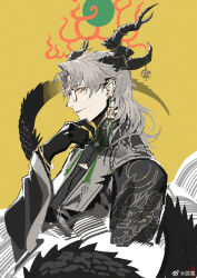 Rule 34 | 1boy, animal hands, antlers, bracelet, brown-framed eyewear, chinese clothes, chinese commentary, claws, commentary request, dragon boy, dragon print, dragon tail, earrings, facial mark, forehead mark, glasses, grey hair, hand on own chin, hand up, highres, horn bell, horn ornament, horns, ishitsu kenzou, jewelry, long hair, long sleeves, looking at viewer, male focus, monster boy, open mouth, original, pointy ears, sharp teeth, slit pupils, solo, tail, teeth, upper body, wide sleeves, yellow background, yellow eyes