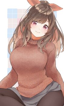 1girl blush border bow breasts brown_hair brown_pantyhose closed_mouth commentary_request cowboy_shot grey_skirt hair_bow head_tilt highres idolmaster idolmaster_shiny_colors large_breasts long_hair long_sleeves looking_at_viewer miniskirt orange_bow orange_sweater outside_border pantyhose patterned_background pekoni_(peconi) pink_eyes ponytail ribbed_sweater sidelocks sitting skirt smile solo square sweater tsukioka_kogane white_border