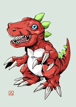 absurdres artist_logo blue_eyes claws commentary digimon digimon_(creature) dinosaur full_body grey_background highres kinoshita_itaru logo no_humans open_mouth sharp_teeth simple_background standing tail teeth toe_claws tyranomon