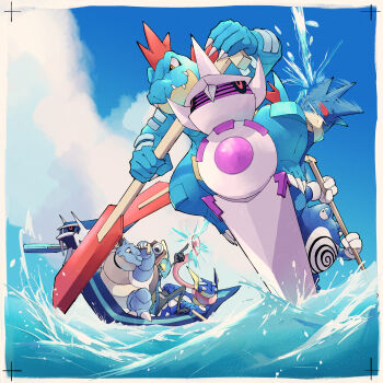 blastoise boat canoe day dialga feraligatr gen_1_pokemon gen_2_pokemon gen_4_pokemon gen_6_pokemon gen_8_pokemon golduck greninja highres how_long inteleon legendary_pokemon nintendo oar ocean outdoors palkia pointing pokemon pokemon_(creature) poliwrath rowing water watercraft