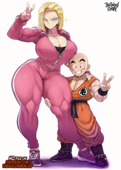 1boy 1girl android_18 arm_around_leg bald biceps blonde_hair boots breasts couple dougi dragon_ball dragon_ball_super facial_mark forehead_mark hand_on_another's_shoulder huge_breasts husband_and_wife kuririn muscular muscular_female muscular_male paid_reward_available partially_unzipped shoes short_male size_difference smile sneakers tall_female the_golden_smurf thick_thighs thighs tight_clothes track_suit v