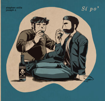 2boys alcohol bara beard_over_mouth belly belt blue_theme commentary couple cup denim drinking_glass english_commentary facial_hair forked_eyebrows highres jacket jeans joseph_(scott_pilgrim) male_focus medium_sideburns multiple_boys null_(mr_not_null) pants parody_request plump profile scott_pilgrim_(series) scott_pilgrim_takes_off short_hair sideburns_stubble sitting skull_print sleeves_rolled_up sparse_stubble stephen_stills stubble thick_arm_hair thick_eyebrows wine wine_glass yaoi