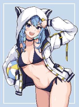 >:) :d alternate_breast_size animal_ears ass ball beachball bikini black_bikini black_choker blue_eyes blue_hair breasts cat_ears choker cowboy_shot fake_animal_ears hololive hood hood_up hooded_jacket hoshimachi_suisei hoshimachi_suisei_(sailor) jacket long_hair medium_breasts navel official_alternate_hairstyle open_clothes open_jacket open_mouth pixel_art side-tie_bikini_bottom simple_background smile star_(symbol) star_in_eye swimsuit symbol_in_eye thighs v-shaped_eyebrows virtual_youtuber white_jacket zou_eita
