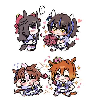 >_< ... 4girls :< :o animal_ear_piercing animal_ears annoyed back_bow bare_arms black_hair blue_bow blue_bowtie blue_shirt blunt_bangs blush blush_stickers bouquet bow bowtie braid brooch brown_hair brown_shoes chibi closed_mouth commentary_request crown daiichi_ruby_(umamusume) daitaku_helios_(umamusume) ear_covers ear_ribbon embarrassed expressive_hair facial_tattoo flat_color flower flower_in_mouth flying_sweatdrops frilled_skirt frills frown giving_flower hair_between_eyes hair_bow hair_ornament hairclip half_up_half_down_braid hand_on_own_hip hands_on_own_head happy heart highres holding holding_bouquet holding_flower horse_ears horse_girl horse_tail horseshoe_ornament jewelry kerimka31328031 large_bow legs_apart looking_at_another loose_hair_strand medium_hair meisho_doto_(umamusume) mini_crown miniskirt multicolored_hair multiple_girls multiple_piercings on_one_knee orange_hair pale_skin parted_bangs parted_lips petals pink_crown pleated_skirt puffy_short_sleeves puffy_sleeves purple_eyes purple_ribbon red_bow red_flower red_rose ribbon ringlets rose rose_petals sailor_collar school_uniform shirt shoes short_hair short_sleeves side_ponytail simple_background single_hair_intake sitting skirt smile sparkle speech_bubble spoken_ellipsis standing star_(symbol) star_hair_ornament streaked_hair t.m._opera_o_(umamusume) tail tattoo thighhighs tracen_school_uniform two-tone_shirt umamusume uwabaki wariza white_background white_sailor_collar white_shirt white_skirt white_thighhighs yellow_eyes yuri zettai_ryouiki