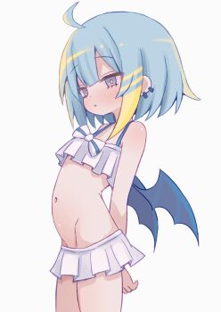 1girl ahoge arms_behind_back blue_eyes blue_hair cowboy_shot demon_wings dot_nose duel_monster earrings frilled_skirt frills from_side half-closed_eyes highres jewelry lil-la_(yu-gi-oh!) loli looking_ahead miniskirt multicolored_hair navel parted_lips short_hair simple_background skirt solo standing stomach takatsurt two-tone_hair white_background wings yu-gi-oh!
