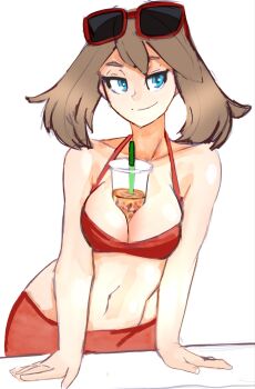1girl bare_shoulders between_breasts bikini blue_eyes blysill breasts brown_hair bubble_tea bubble_tea_challenge cleavage closed_mouth collarbone drinking_straw eyewear_on_head highres large_breasts long_hair looking_at_viewer may_(pokemon) navel nintendo object_on_breast pokemon pokemon_rse red_bikini simple_background smile solo stomach sunglasses swimsuit white_background