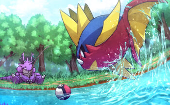 carvanha claws closed_eyes closed_mouth commentary_request day fang fang_out fish fishing fishing_rod gen_1_pokemon gen_3_pokemon grass holding holding_fishing_rod kotobukkii_(yt_lvlv) nidoking nintendo no_humans outdoors poke_ball poke_ball_(basic) pokemon pokemon_(creature) red_eyes sitting sky tree water