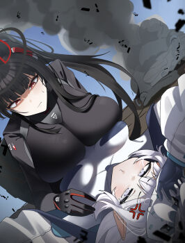 Rule 34 | 2girls, absurdres, accident, anger vein, arm up, asymmetrical docking, black bodysuit, black hair, black halo, blue archive, blue sky, blunt bangs, blush, bodysuit, breast envy, breast press, breasts, bright pupils, closed mouth, commentary request, day, dutch angle, hair ornament, halo, head-mounted display, highres, himari (armed) (blue archive), himari (blue archive), impossible bodysuit, impossible clothes, jacket, large breasts, latex, latex bodysuit, long hair, long sleeves, looking at another, lying, medium breasts, mole, mole under eye, mong91, multicolored halo, multiple girls, official alternate costume, official alternate hairstyle, on back, open clothes, open jacket, outdoors, pointy ears, ponytail, purple eyes, red eyes, ringed eyes, rio (armed) (blue archive), rio (blue archive), shaded face, sidelocks, skin tight, sky, smoke, sweat, two-tone halo, very long hair, white bodysuit, white hair, white halo, white jacket, white pupils