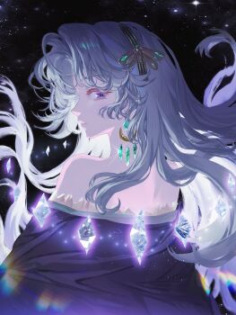 Rule 34 | 1girl, absurdres, bare shoulders, beryl bouanich, black background, black cloak, blue eyes, cloak, crescent, crescent earrings, crystal, dragonfly hair ornament, earrings, floating earrings, floating hair, from behind, grey hair, heic-to-png conversion, highres, jewelry, jiusheng (huaichuan), light particles, long hair, looking at viewer, profile, reverse:1999, solo, upper body