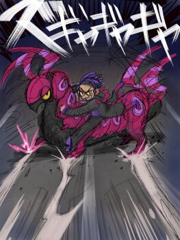 1boy 1other akira_(manga) artist_request black-framed_eyewear black_coat black_hair black_pants closed_mouth coat collared_shirt commentary_request corbeau_(pokemon) full_body gen_5_pokemon glasses hand_on_own_hip hand_up horns long_sleeves meme meme_request necktie nintendo open_clothes open_coat pants parody pokemon pokemon_(creature) pokemon_legends:_z-a purple_shirt riding riding_pokemon round_eyewear scene_reference scolipede shirt shoes short_hair standing white_necktie yellow_eyes