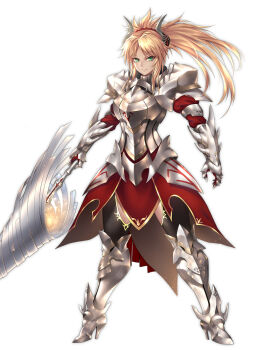 1girl aged_up alternate_costume armor armored_boots black_thighhighs blonde_hair boots breastplate commentary_request fake_horns fate/grand_order fate_(series) full_armor full_body gauntlets green_eyes hair_ornament hair_scrunchie holding holding_weapon horns knee_boots lance light_smile long_hair looking_at_viewer messy_hair mordred_(fate) mordred_(fate/apocrypha) nasaniliu pauldrons polearm ponytail rhongomyniad_(fate) scrunchie secret_of_pedigree_(fate) shoulder_armor simple_background thighhighs warrior weapon white_background