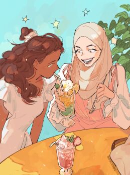 Rule 34 | 2girls, brown eyes, brown hair, cup, dark-skinned female, dark skin, dress, drink, highres, hijab, holding, holding cup, long hair, multiple girls, open mouth, original, pink dress, plant, shirt, short sleeves, sleeveless, sleeveless dress, white hijab, white shirt, winchestermegg