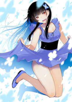 Rule 34 | 1girl, bare arms, bare legs, black hair, commentary request, dress, hair ornament, hattori mitsuru, highres, long hair, looking at viewer, open mouth, purple dress, purple shoes, red eyes, sanka rea, sankarea, shoes, skirt hold, smile, solo