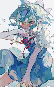 1girl blue_bow blue_dress blue_eyes blue_hair blue_nails bow cirno clenched_teeth commentary_request cowboy_shot dress fingernails hair_bow highres ice ice_wings looking_afar neck_ribbon pinafore_dress puffy_short_sleeves puffy_sleeves red_ribbon ribbon shinjitsu_no_kuchi shirt short_hair short_sleeves simple_background sleeveless sleeveless_dress solo tearing_up teeth touhou white_background white_shirt wings