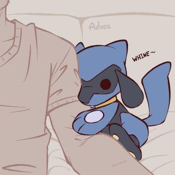 Rule 34 | 1boy, advos, arm hug, artist name, black fur, blue fur, chibi, gen 4 pokemon, nintendo, pokemon, pokemon (creature), riolu, short sleeves, sound effects, tail