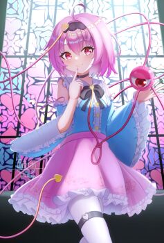 1girl adapted_costume ahoge black_bow black_bowtie blue_shirt blue_sleeves bow bowtie buttons center_frills closed_mouth commentary_request cowboy_shot detached_sleeves finger_to_own_chin floral_print frilled_shirt_collar frilled_skirt frilled_sleeves frills hair_between_eyes hair_ornament heart heart_button heart_hair_ornament heart_o-ring highres hyakuya_iori komeiji_satori long_sleeves looking_at_viewer o-ring o-ring_thigh_strap pantyhose pink_hair pink_skirt print_skirt red_eyes rose_print satori_day shirt shirt_tucked_in short_hair signature skirt sleeveless sleeveless_shirt smile solo stained_glass standing thigh_strap third_eye touhou twitter_username white_pantyhose wide_sleeves